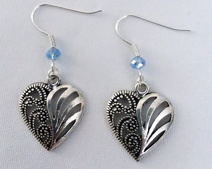 Filagre Heart Earrings with Blue Crystal Heart Charm Earring Drop Dangle Jewelry French Hook Style Ear Wires Gothic Celtic