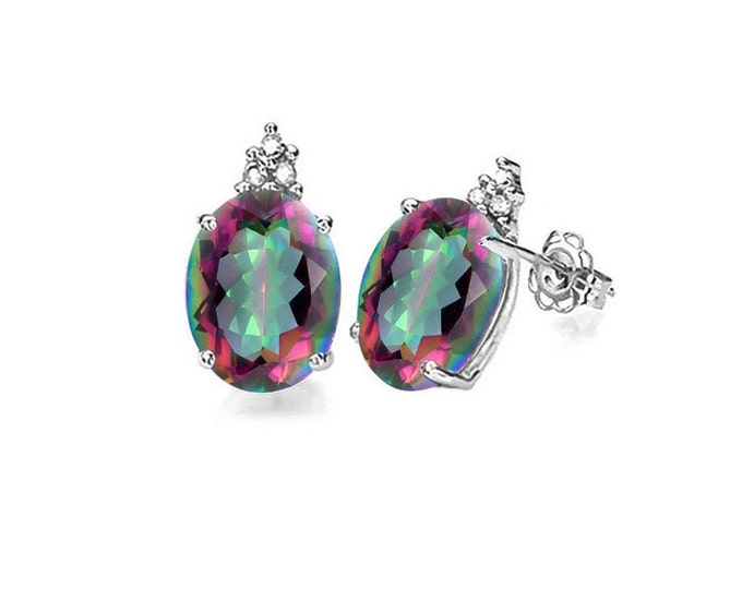 2.20 Ct Mystic Topaz & Diamond Stud Earrings 10K Solid White Gold Magical Rainbow Gemstone Earring