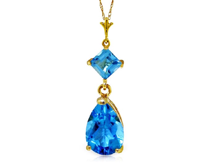 2 Ct Blue Topaz Pendant on an 18 Inch 14 Kt Solid Yellow Gold Rope Chain Necklace Gemstone Jewelry