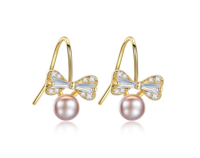 Freshwater Pearl & Created Diamond Bow Tie 925 Earrings Sterling Silver