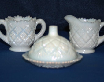Vintage Westmoreland Child Milk Glass Miniature Covered Butter Dish Creamer & Sugar Bowl Thumbelina Pattern Collectible Milk Glass