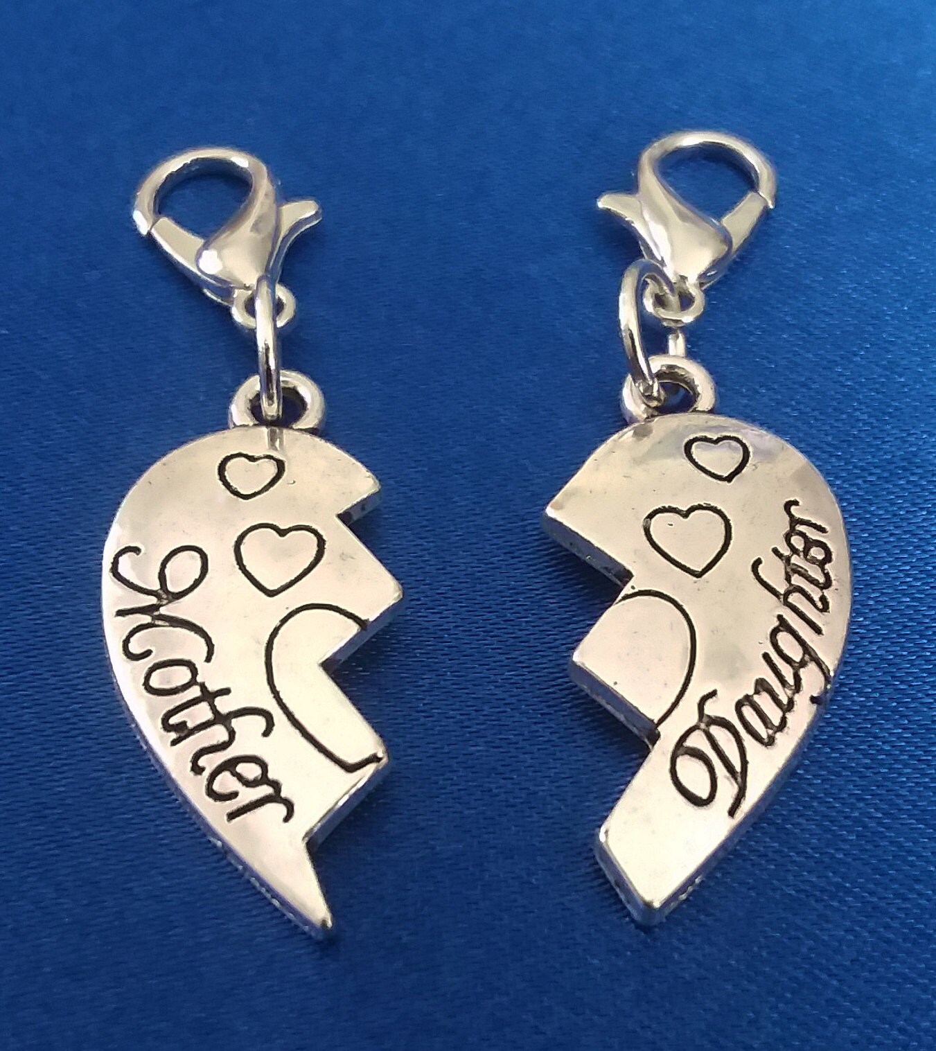 Mother & Daughter Heart Charm set 2 Antique Silver Bracelet Charms