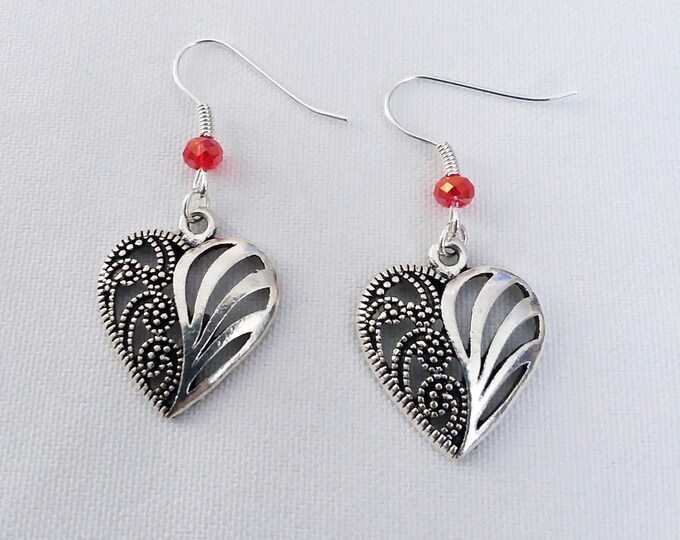 Filagre Heart Earrings with Red Crystal Heart Charm Earring Drop Dangle Jewelry French Hook Style Ear Wires Gothic Celtic