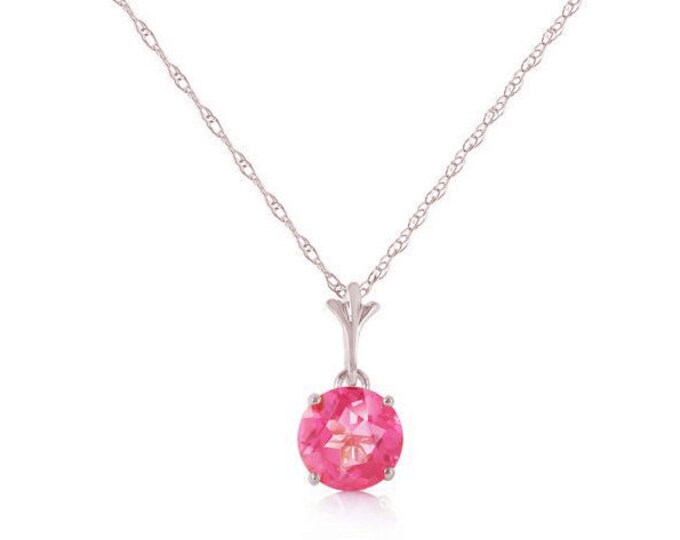 1.15 Ct Pink Topaz Pendant on an 18 Inch 14 KT Solid White Gold Rope Chain Necklace Gemstone Jewelry