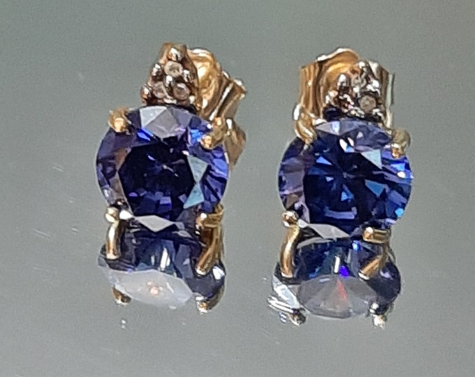 1.75 Carat Lab Tanzanite & Diamond 10K Solid Gold Earrings Royal Blue Stud Earring Gemstone Jewelry Gift
