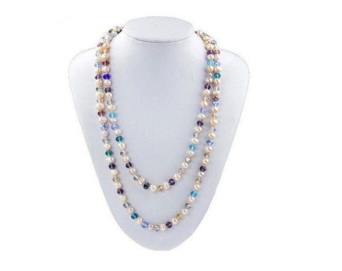 Dazzling Natural 9MM Pearl & Multi Color Crystal Bead Necklace Hand Strung Freshwater Pearls