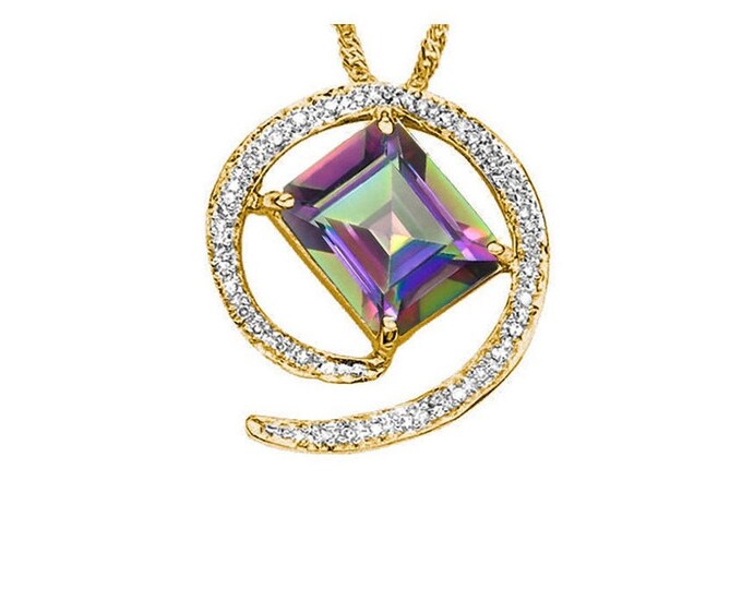 Beautiful 3.10 Carat Mystic Topaz Gemstone & 1/5 Carat Genuine Diamond Pendant Necklace w/ 18 inch 925 Singapore Chain Jewelry Gift