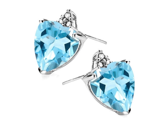 1.69 Ct Baby Swiss Blue Topaz and Diamond 10K Solid White Gold Earrings Heart Cut Gemstone Jewelry Gift Women Birthday