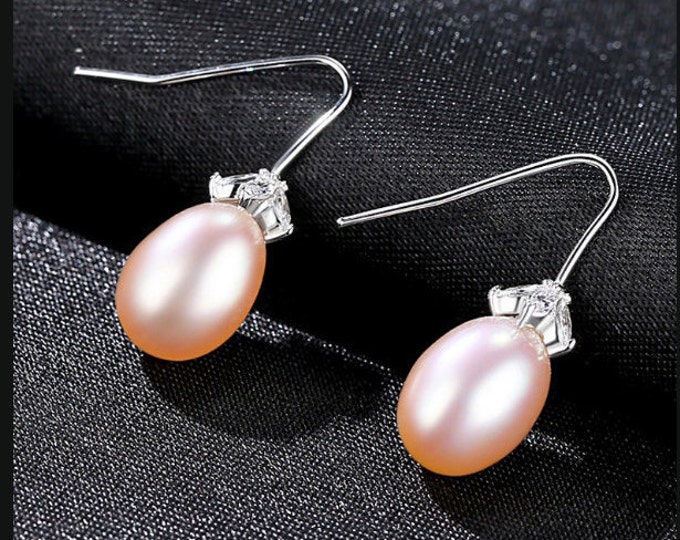 Natural Freshwater Pink Pearl & CZ 925 Earrings Sterling Silver Gemstone Statement Jewelry Bride Wedding