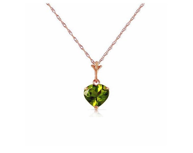 1.15 Ct Peridot Heart Solitaire Pendant on an 18 Inch 14 KT Solid Rose Gold Rope Chain Necklace Gemstone Estate Jewelry