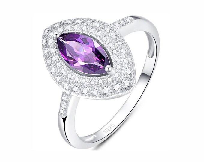 2/5 Ct Amethyst & Created White Sapphire Silver Ring 925 Floral Lavender Statement Jewelry