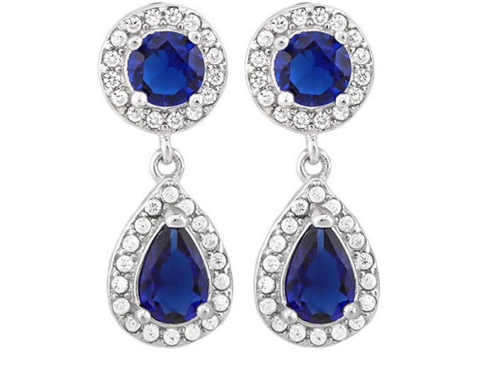 Created Blue Sapphire & Created Diamond Earrings 18K Gold Plated German Silver Gemstone Statement Jewelry