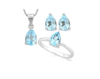2.52 Carat Baby Swiss Blue Topaz Pendant Necklace, Ring and Earring Sterling Silver Set 925 Gemstone Estate Jewelry Gift Women Size 7 US