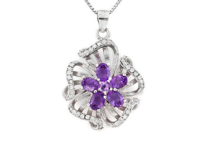 Amethyst Flower Pendant Sterling Silver Necklace w/ 18 inch 925 Box Chain Jewelry 1.73 Ct Amethyst Diamond  & Created White Sapphire