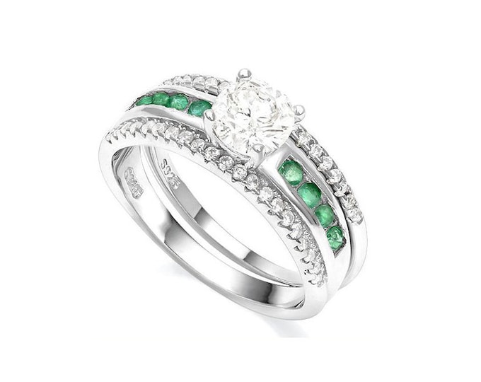 1 Ct White Topaz & Emerald Sterling Silver Ring 925 Wedding Band Engagement Jewelry