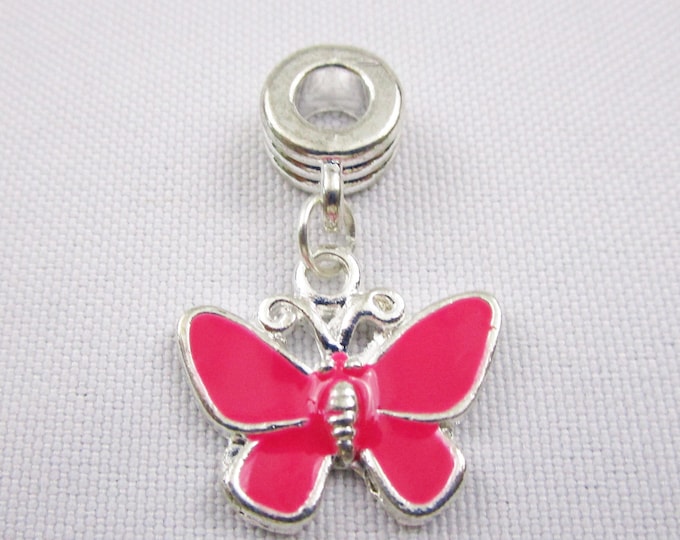 Dark Pink Enamel Butterfly Charm European Style Large Hole Dangle Beads Silver Plated Bracelet Necklace Jewelry Bead Charms Craft Supplies