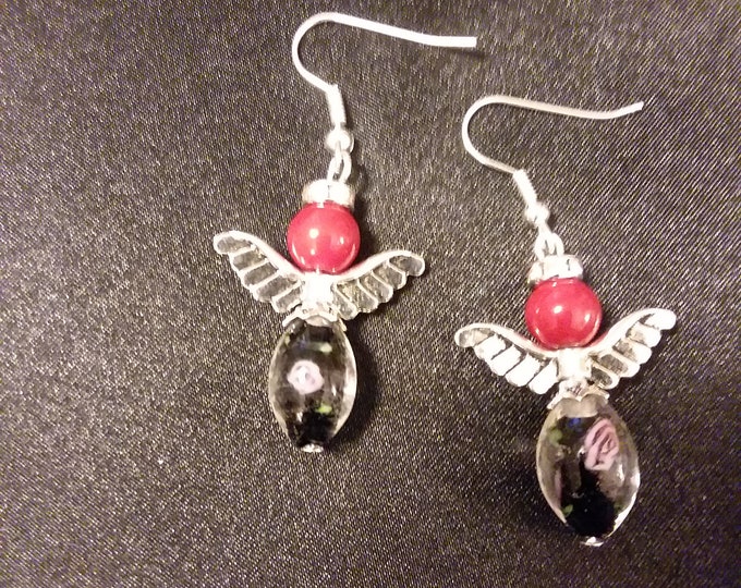 Set of Red & Black Guardian Angel Earrings  Angel Charm Earring Drop Dangle Jewelry French Hook Style Ear Wires Angels
