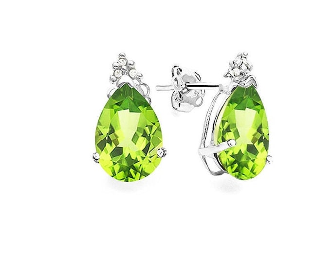 1.9 Ct Peridot & Diamond 10K Solid White Gold Stud Earrings Lime Green Pear Cut Earring Gemstone Jewelry