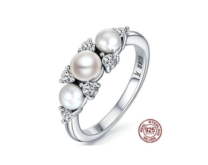 Freshwater Pearl & CZ Sterling Silver Ring 925 Ring Cubic Zirconia Statement Gemstone Jewelry Size 7 US