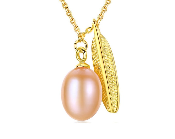 Beautiful Pink Freshwater Pearl & Golden Feather Charm Pendant 925 Sterling Silver Necklace