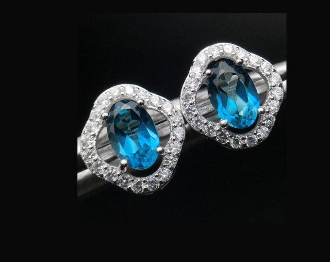 Sky Blue Topaz & White Topaz 925 Earrings Sterling Silver Gemstone Statement Jewelry