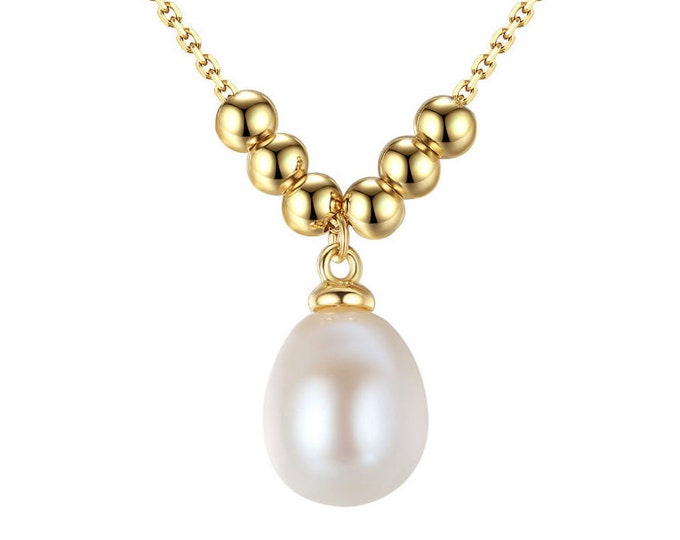 Beautiful Freshwater Pearl & Gold Bead Necklace 925 Sterling Silver Pendant 18 Inch Chain Jewelry Gift Birthday Christmas