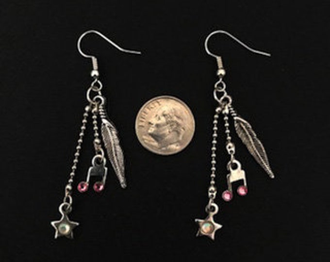 Rock Star Dangle / Drop Earrings Feather Star Musical Note Crystal Charm Ear Wire Earrings Charm Jewelry Earring Hand Made