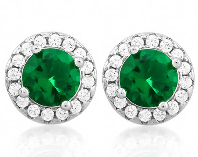 2 Ct Created Emerald & 0.32 Carat White Sapphire 925 Earrings Sterling Silver Gemstone Jewelry Stud Earring