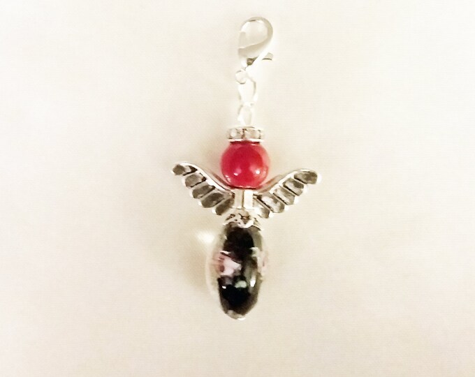 Red & Black Glass Guardian Angel Charm Bracelet Charms Necklace Pendant Jewelry Supplies Craft Projects Earrings Beads Antique Silver Wings