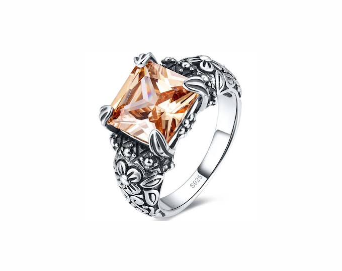 4.4 Ct Created Orange Sapphire Sterling Silver Ring 925 Cocktail Statement Jewelry Size 7