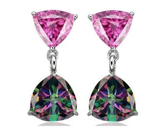 2 Carat Trillion Cut Created Pink Sapphire & 2 1/3 Carat Mystic Topaz Gemstone 925 Sterling Silver Earrings