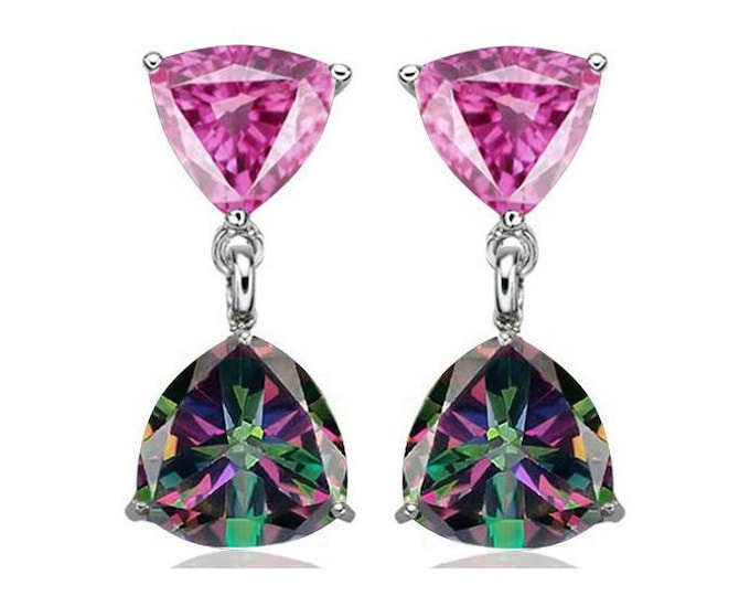 2 Carat Trillion Cut Created Pink Sapphire & 2 1/3 Carat Mystic Topaz Gemstone 925 Sterling Silver Earrings