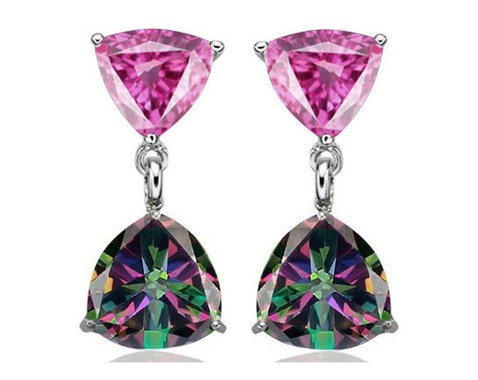 2 Carat Trillion Cut Created Pink Sapphire & 2 1/3 Carat Mystic Topaz Gemstone 925 Sterling Silver Earrings