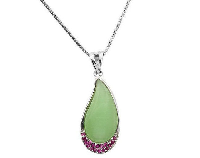 Chalcedony & Genuine Ruby 925 Sterling Silver Pendant on an 18 Inch 0.7 mm 925 Sterling Silver Box Chain Necklace Rubies