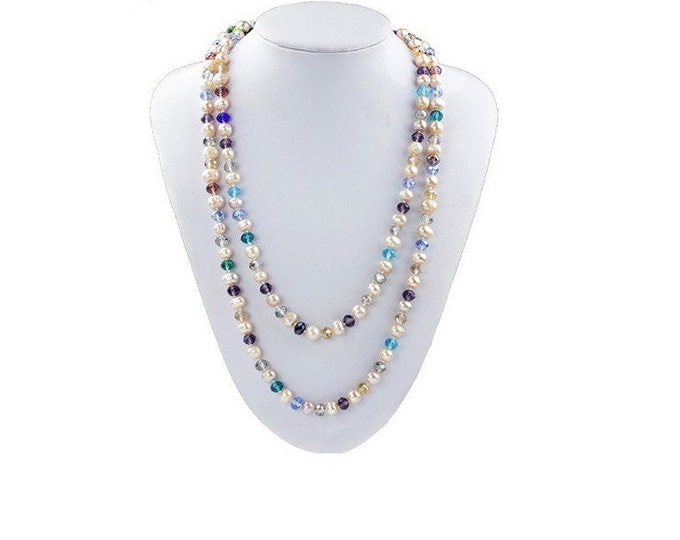 Dazzling Natural 9MM Pearl and Multi Color Crystal Necklace Hand Strung Freshwater Pearls Gift Women Birthday Mother Christmas Jewelry