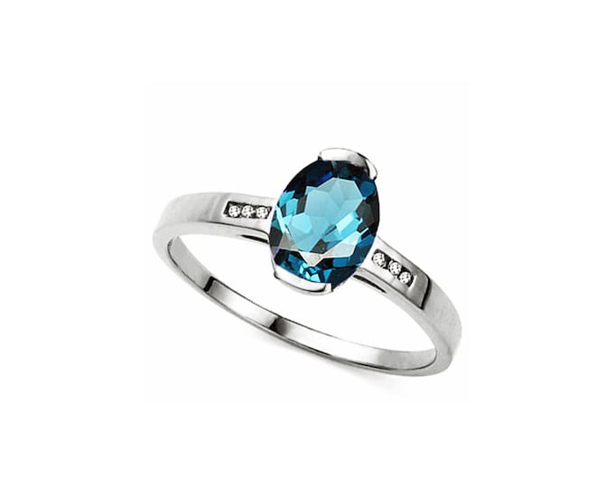 1.24 Ct London Blue Topaz & Diamond 14 Kt Solid White Gold Ring Estate Jewelry Statement Cocktail Engagement Band Ring Size 7
