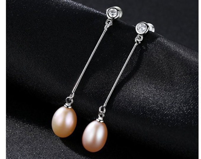 Freshwater Pearl & CZ Cubic Zirconia Earrings Sterling Silver - 925 Gemstone Jewelry Drop - Dangle Earring Wedding Bride