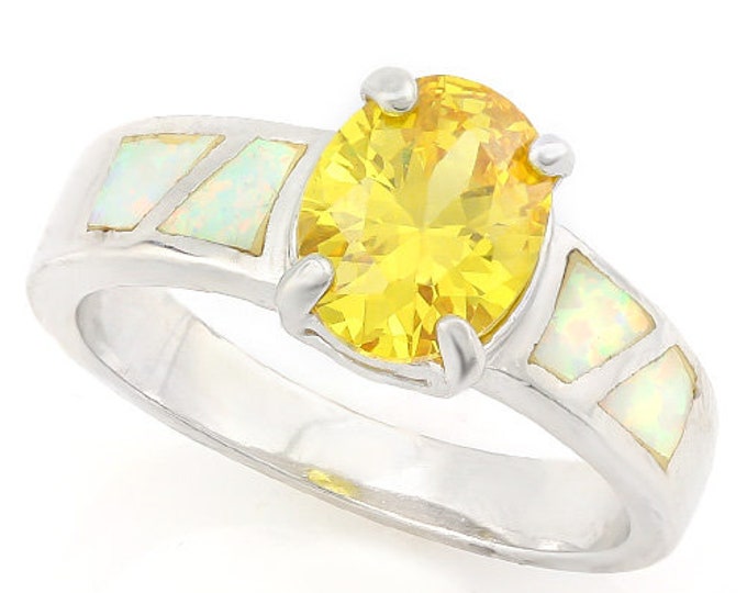3.8 Carat Citrine & Created Ethiopian Opal Sterling Silver Ring 925 Gemstone Statement Jewelry Size 7