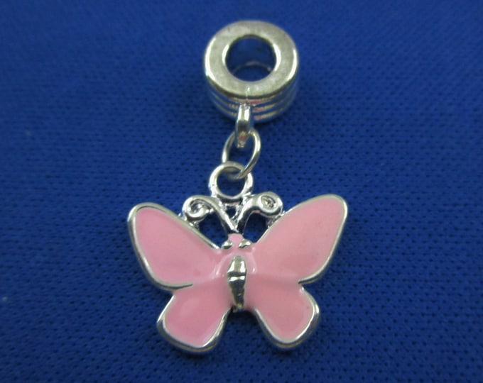 Pink Enamel Butterfly Charm European Style Large Hole Dangle Beads Silver Plated Bracelet Necklace Jewelry Bead Charms Craft Supplies