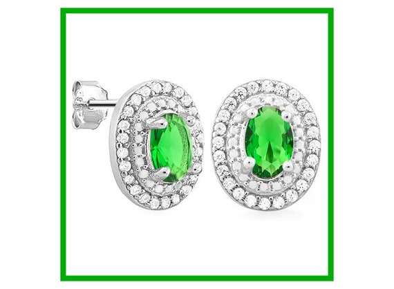 2 Ct Created Emerald & Diamond Stud 925 Earrings … - image 2