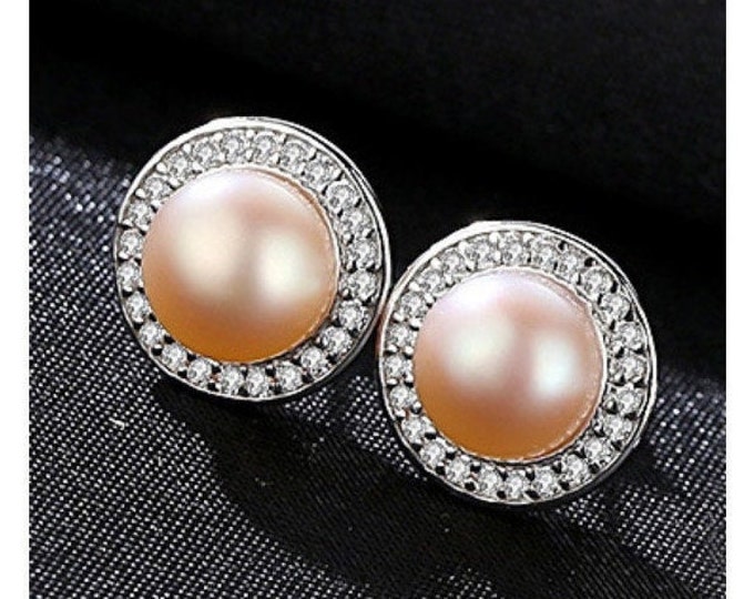 Natural Freshwater Pink Pearl & Created Diamond Earrings Sterling Silver - 925 Gemstone Jewelry Stud Earring Wedding Bride