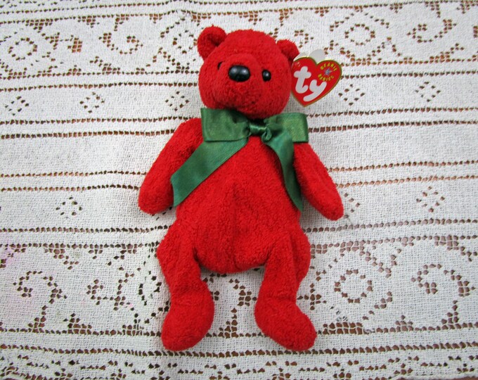 Vintage TY Beanie Bear MISTLETOE TEDDY, 2000, retired, beanie babies, Christmas Red Bear, holiday décor