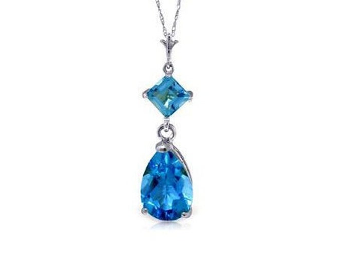 2 Ct Blue Topaz Pendant on an 18 Inch 14 Kt Solid White Gold Rope Chain Necklace Gemstone Jewelry