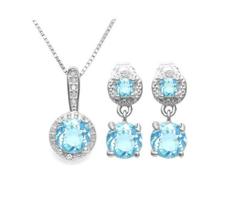 3 Ct Blue Topaz & Diamond Pendant Necklace and Earring Sterling Silver