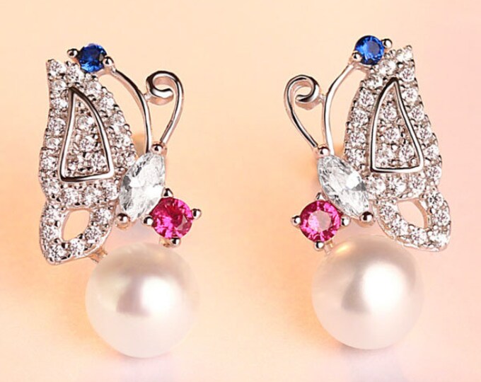 925 Butterfly Earrings Fresh Water Pearl & Created Sapphire Stud Earring Sterling Silver Gemstone Jewelry