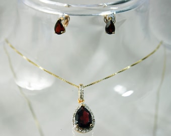 Gorgeous 3 1/4 TCW Garnet Pendant with 1/5 Ct Diamond and Earring Set on 18 inch Box Chain Necklace 14Kt Gold & Sterling Silver Jewelry Set