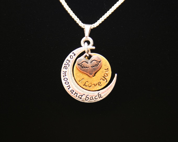 I Love You to the Moon and Back Pendant Necklace 16 or 18 Inch Sterling Silver Plated Box Chain