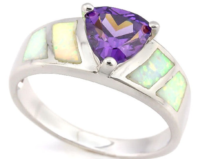 3.00 Ct Amethyst & Created Ethiopian Opal 925 Sterling Silver Ring Trillion Cut Purple Size US 7