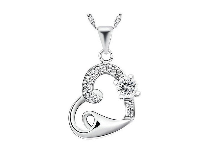 Beautiful Cubic Zirconia CZ Heart Pendant Necklace 925 Sterling Silver Jewelry