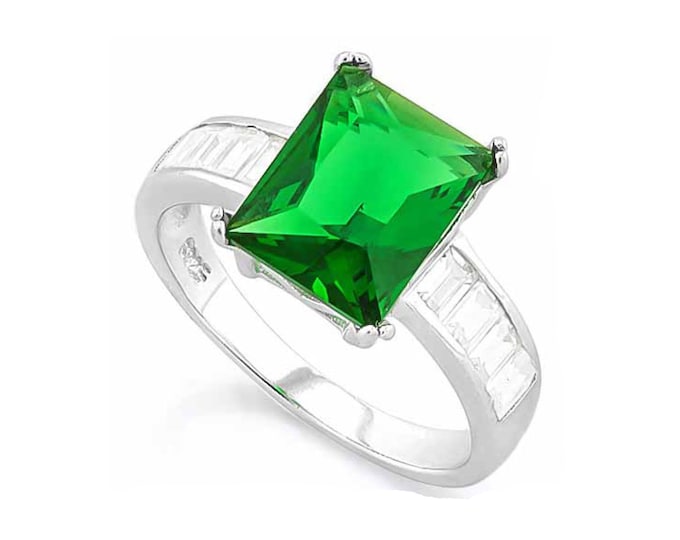 4 2/5 Ct Created Emerald & Diamonds Sterling Silver Ring 925 Gemstone Cocktail Statement Jewelry Size 7